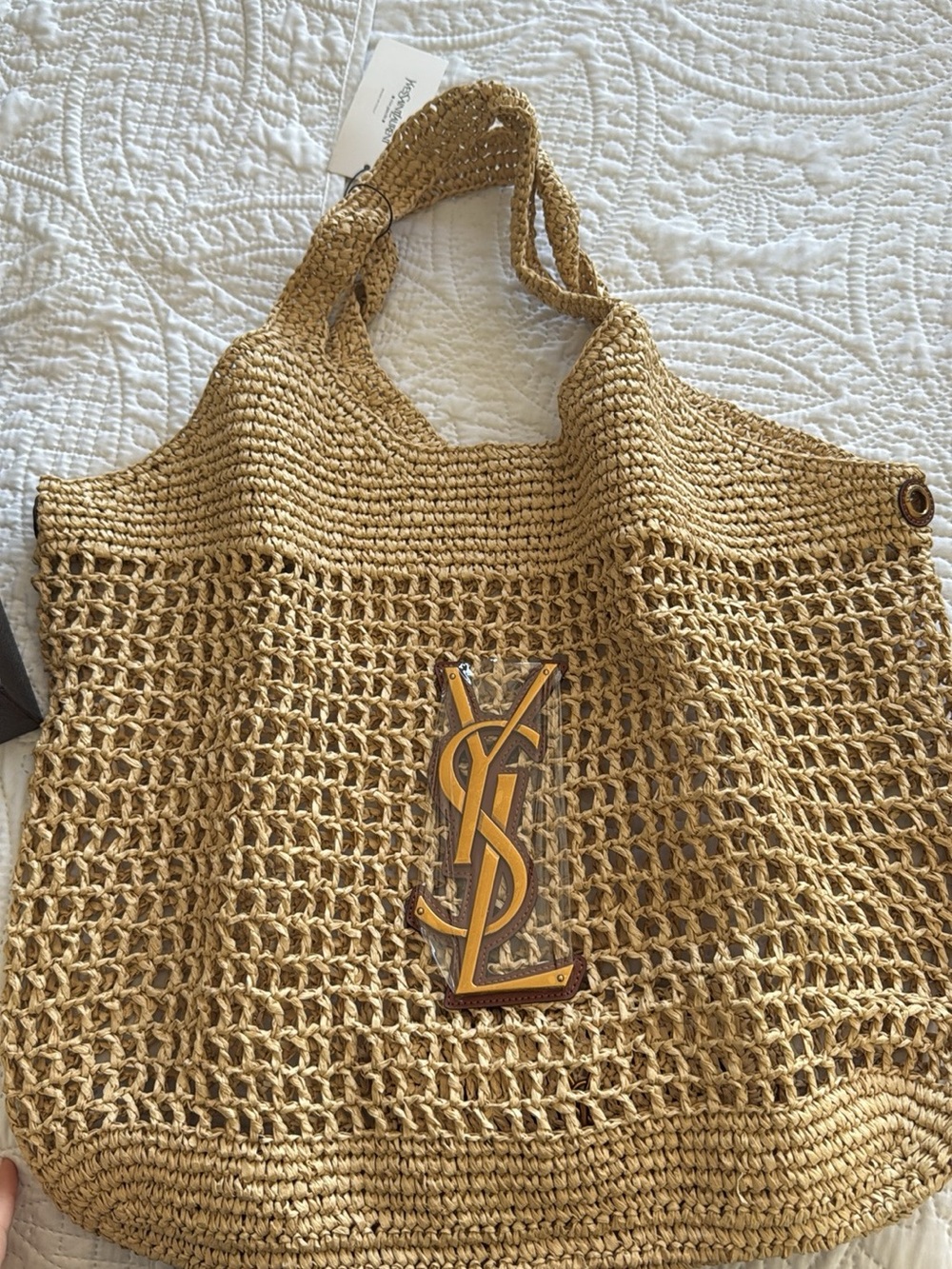 Yves Saint Laurent Natural Tan Woven Straw Tote with Logo